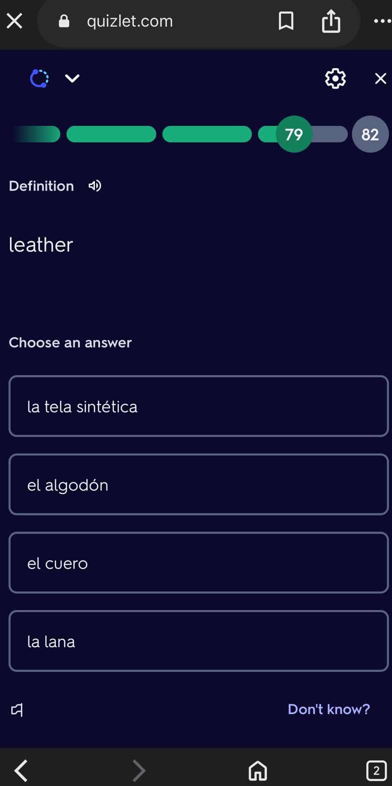definition leather choose an answer la tela sintética el algodón el cue…