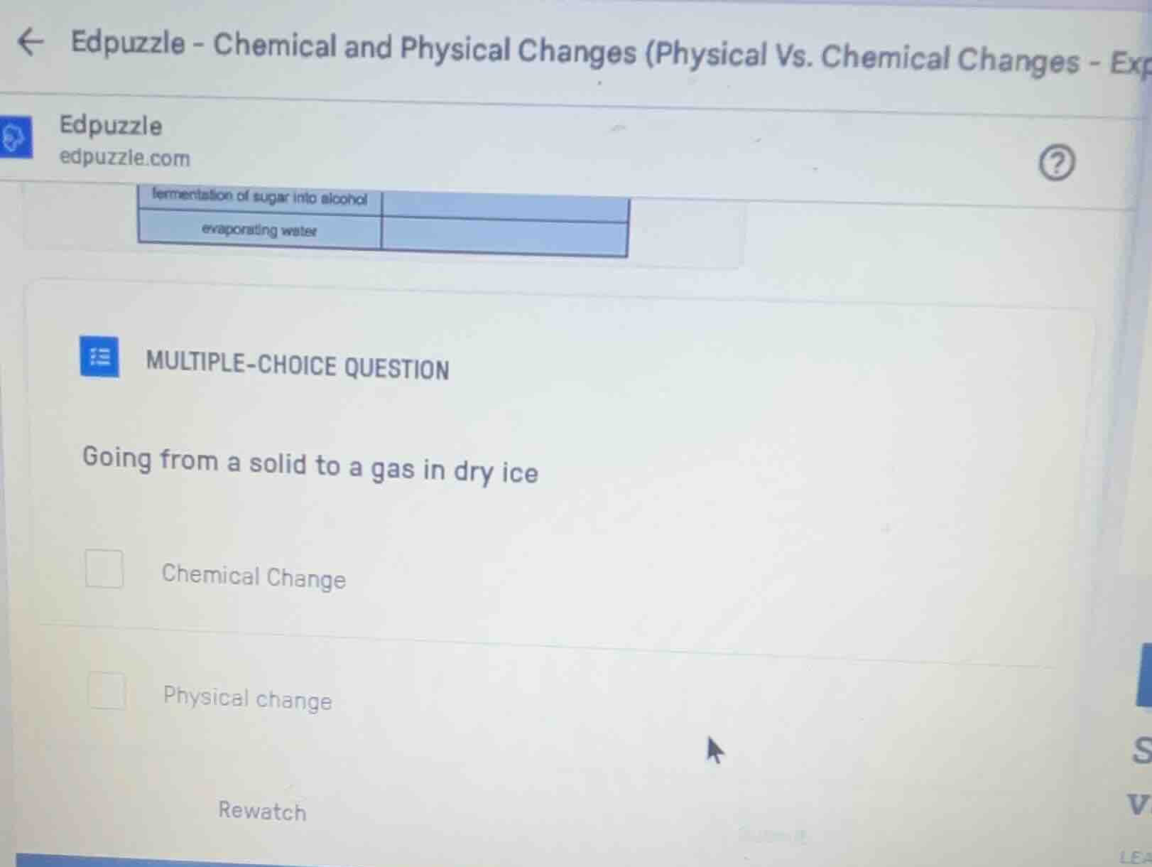 multiple-choice question going from a solid to a gas in dry ice chemica…