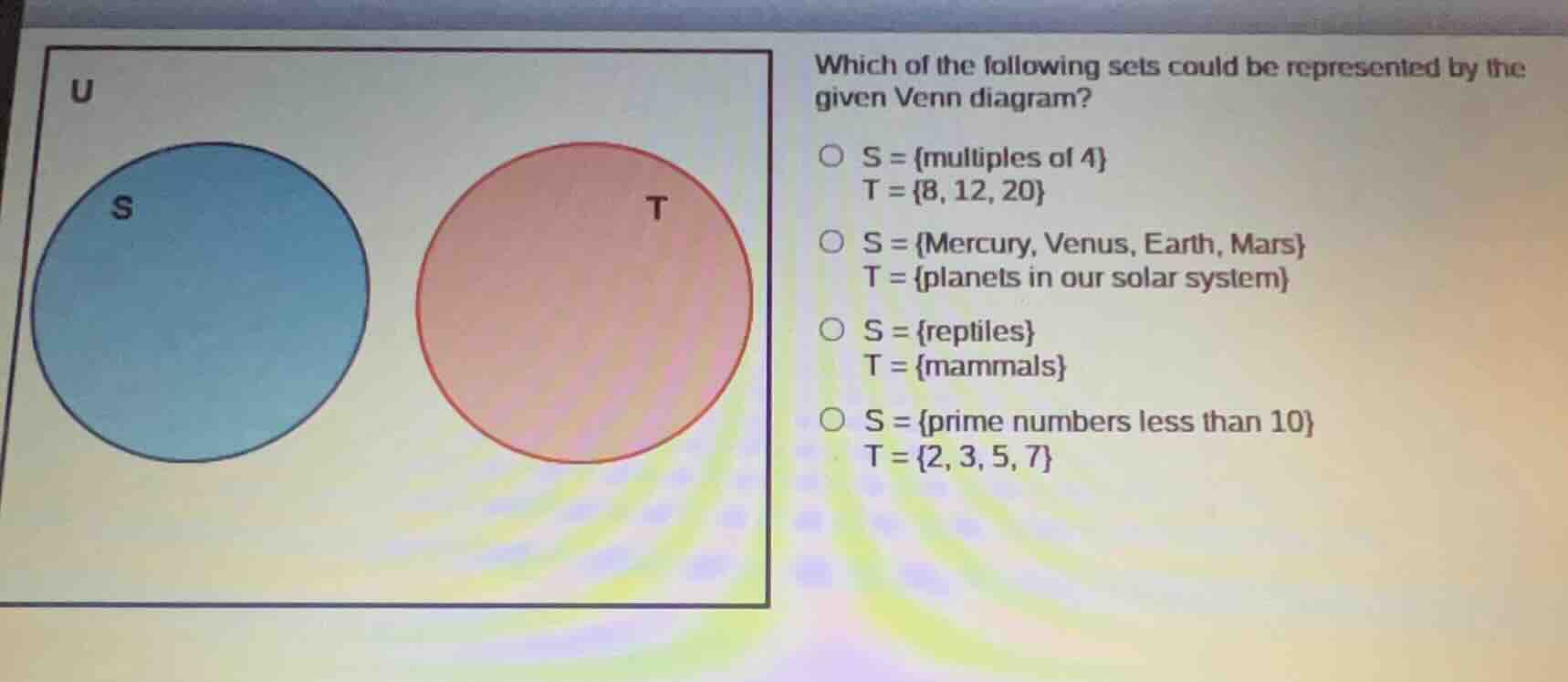 which of the following sets could be represented by the given venn diag…