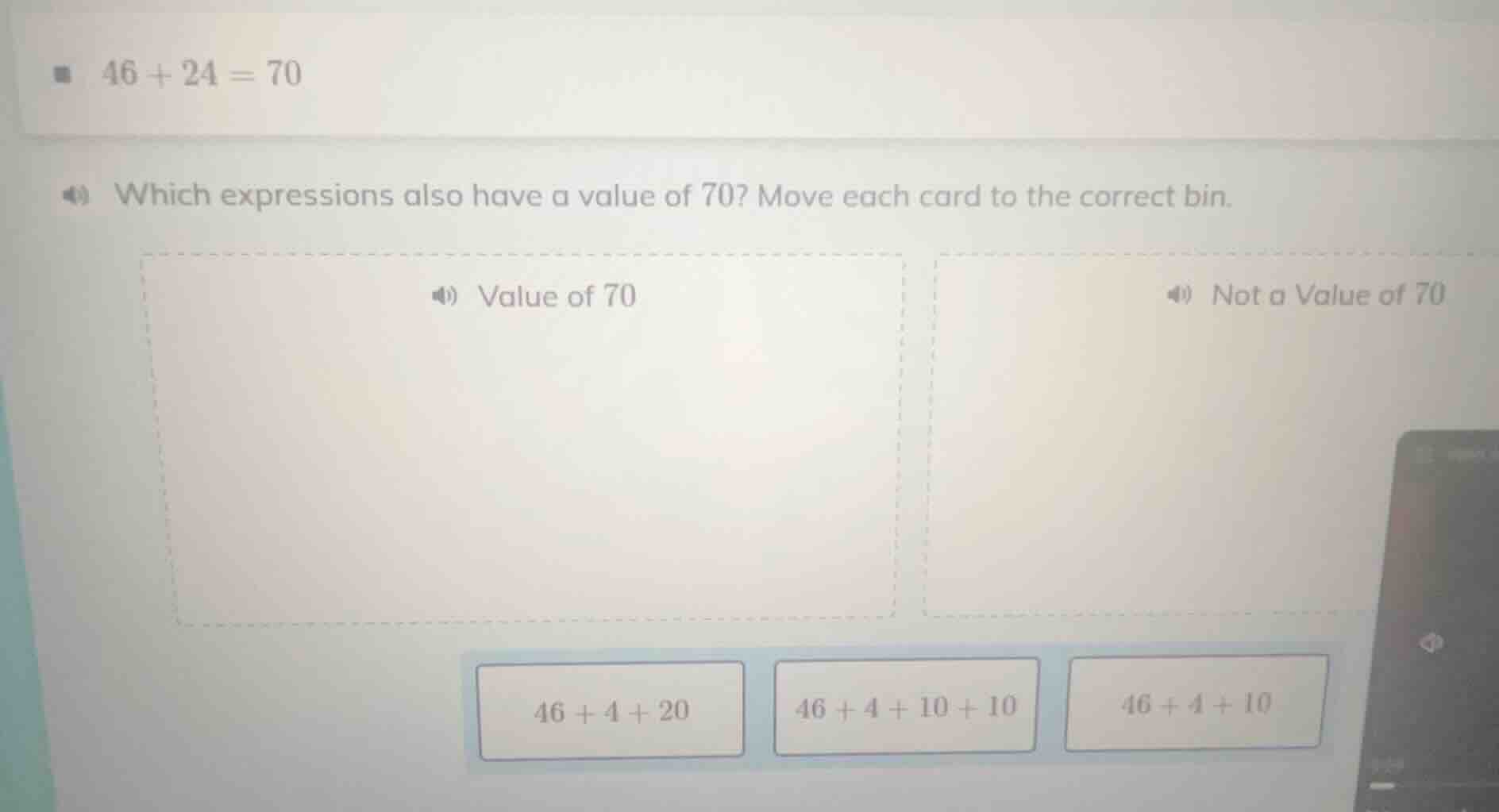 46 + 24 = 70 which expressions also have a value of 70? move each card …