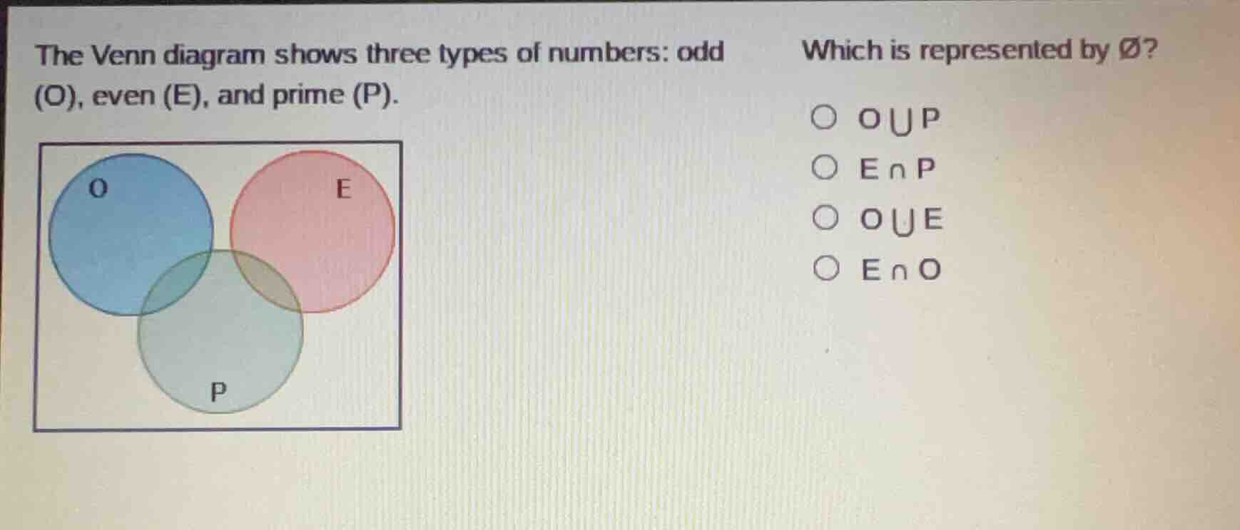 the venn diagram shows three types of numbers: odd (o), even (e), and p…