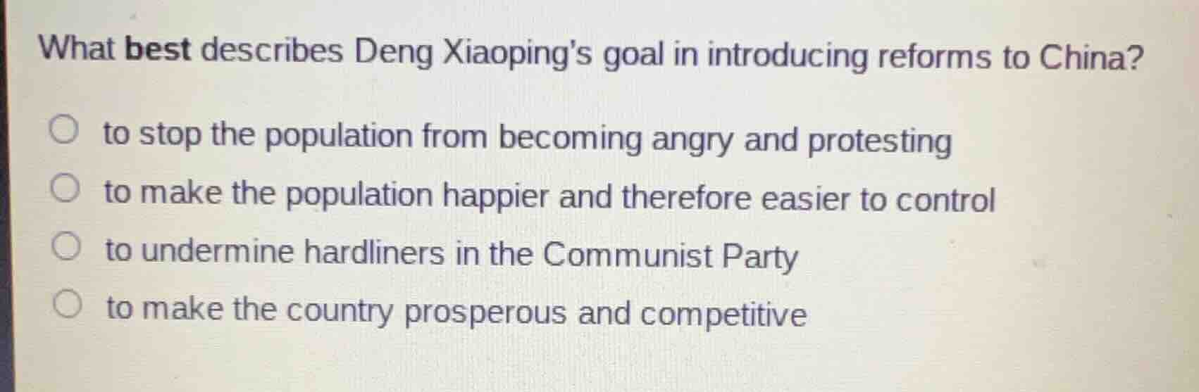 what best describes deng xiaopings goal in introducing reforms to china…