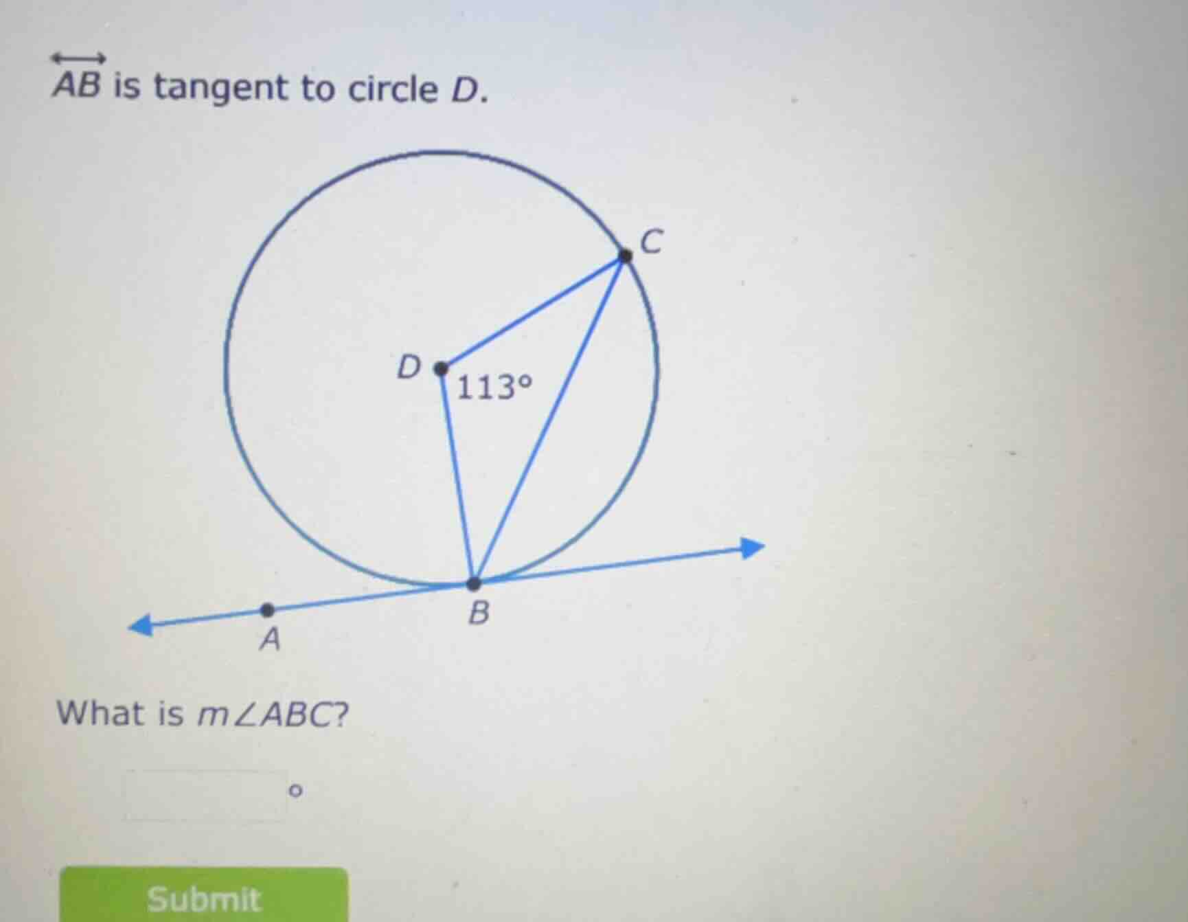 $\\overleftrightarrow{ab}$ is tangent to circle $d$. what is $m\\angle …