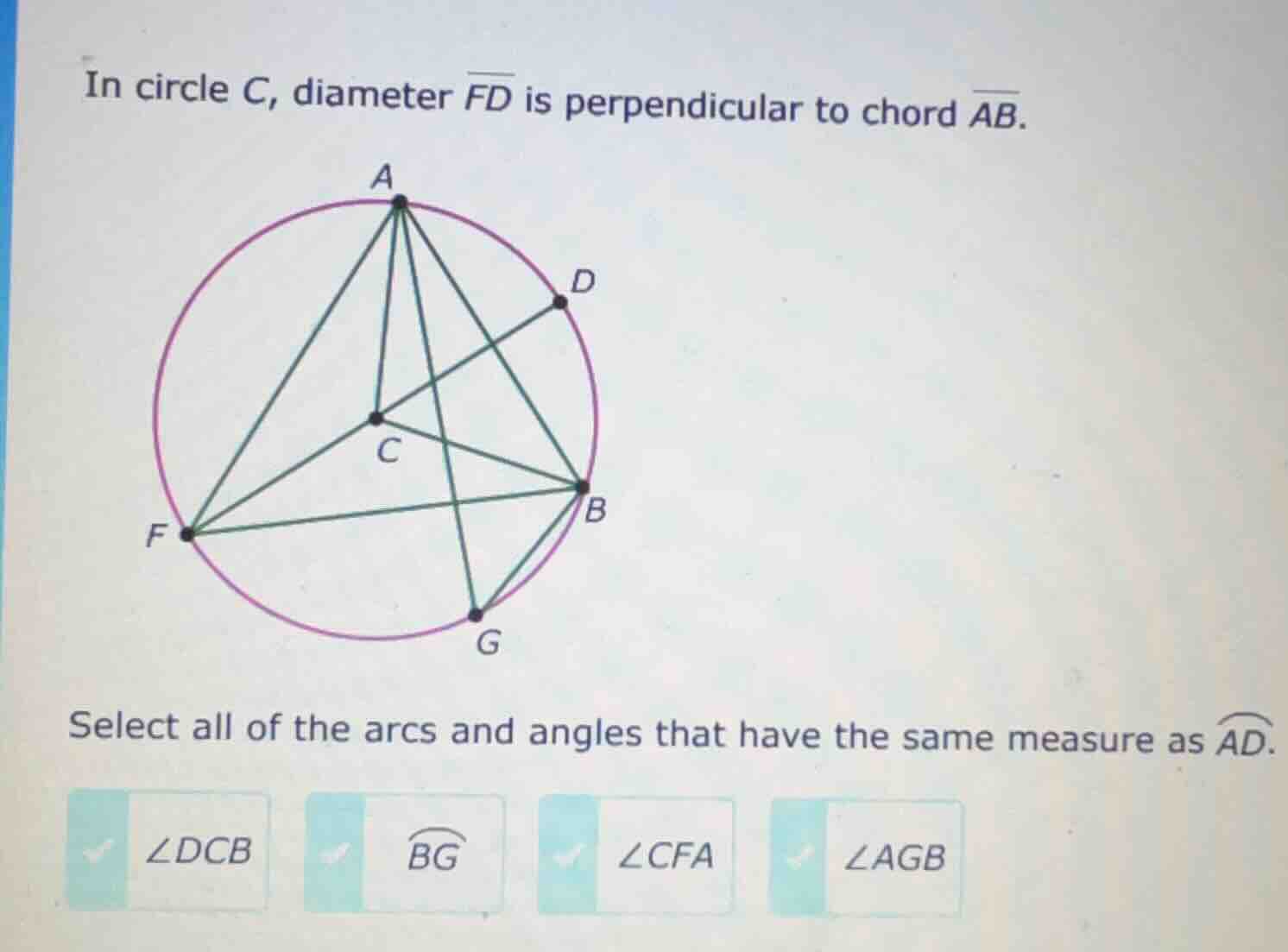 in circle c, diameter \\(\\overline{fd}\\) is perpendicular to chord \\…
