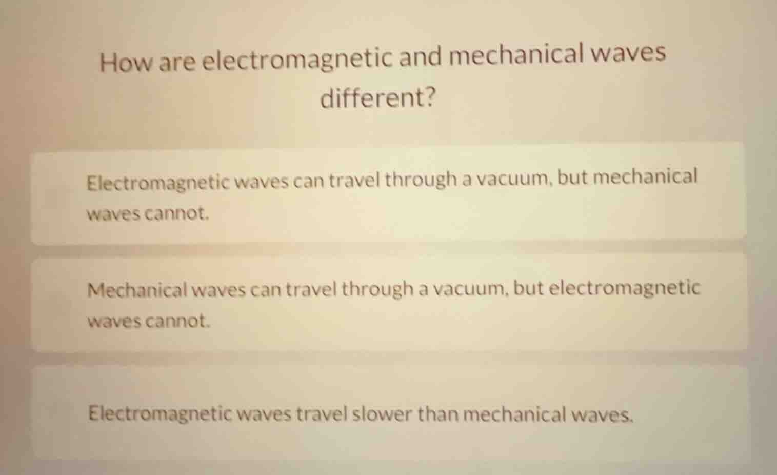 how are electromagnetic and mechanical waves different? electromagnetic…