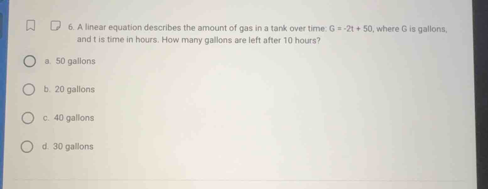 6. a linear equation describes the amount of gas in a tank over time: $…