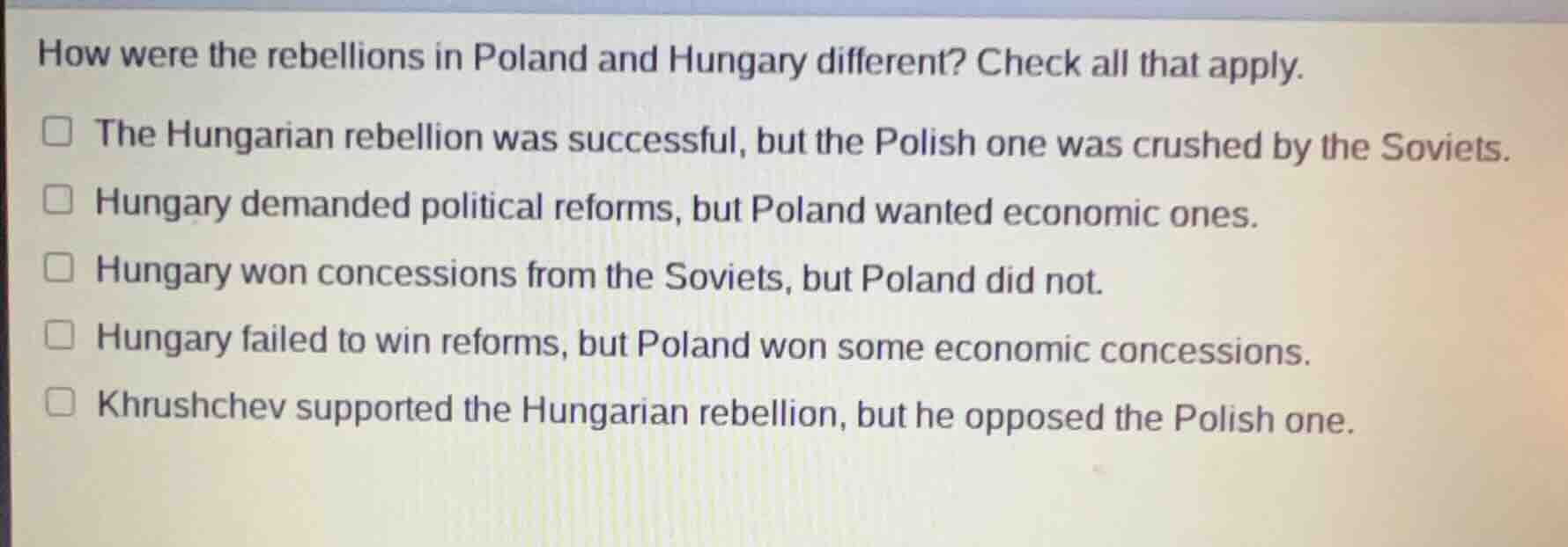 how were the rebellions in poland and hungary different? check all that…