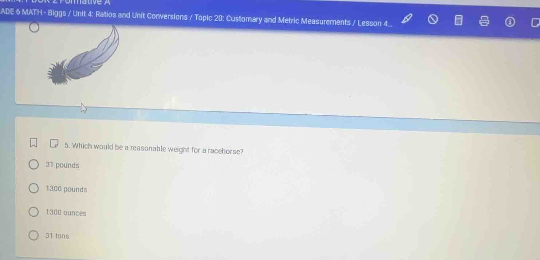 5. which would be a reasonable weight for a racehorse? 31 pounds 1300 p…
