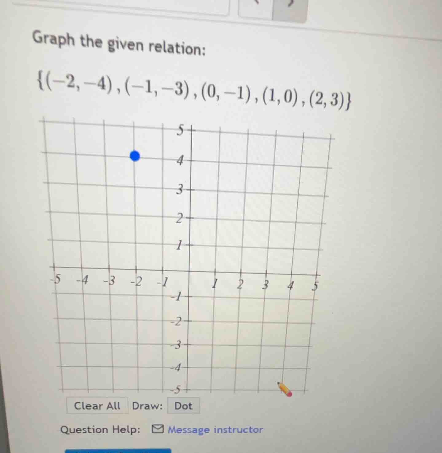 graph the given relation: {(-2, -4), (-1, -3), (0, -1), (1, 0), (2, 3)}