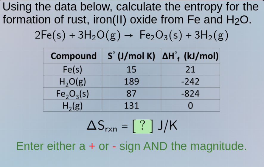 using the data below, calculate the entropy for the formation of rust, …