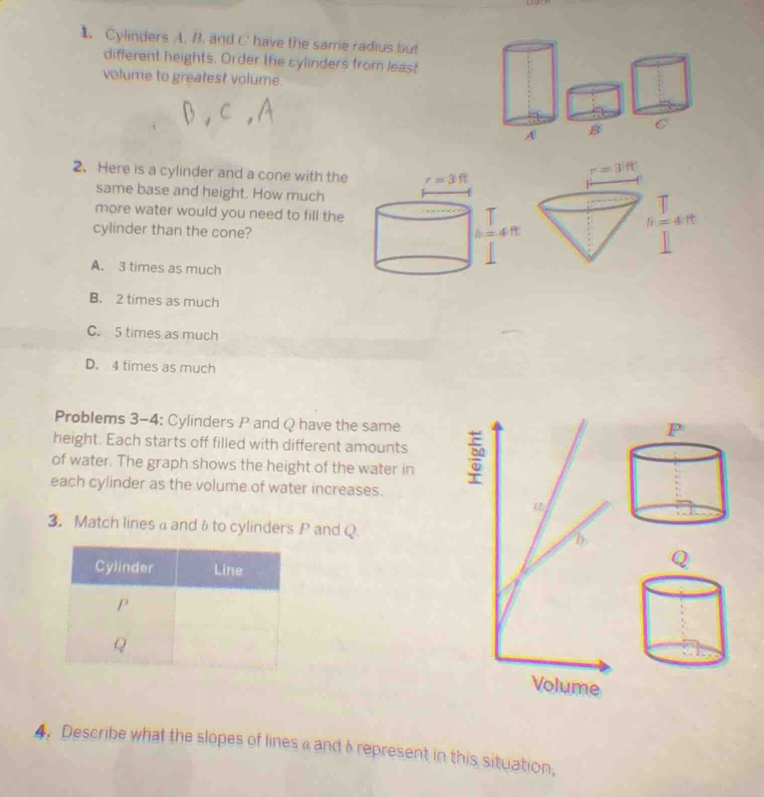 1. cylinders a, b, and c have the same radius but different heights. or…