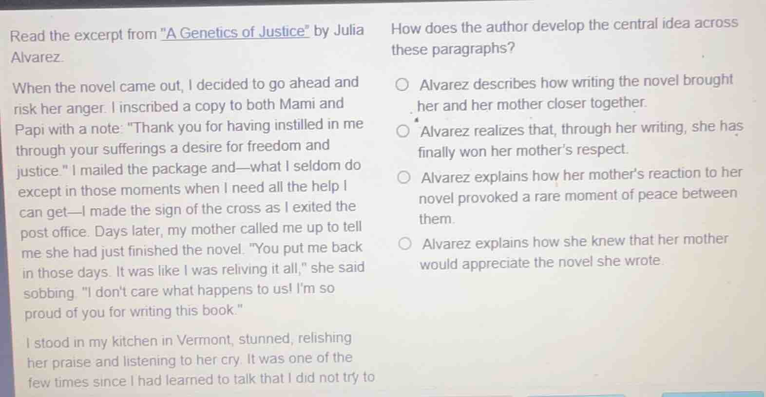 read the excerpt from \a genetics of justice\ by julia alvarez. when th…