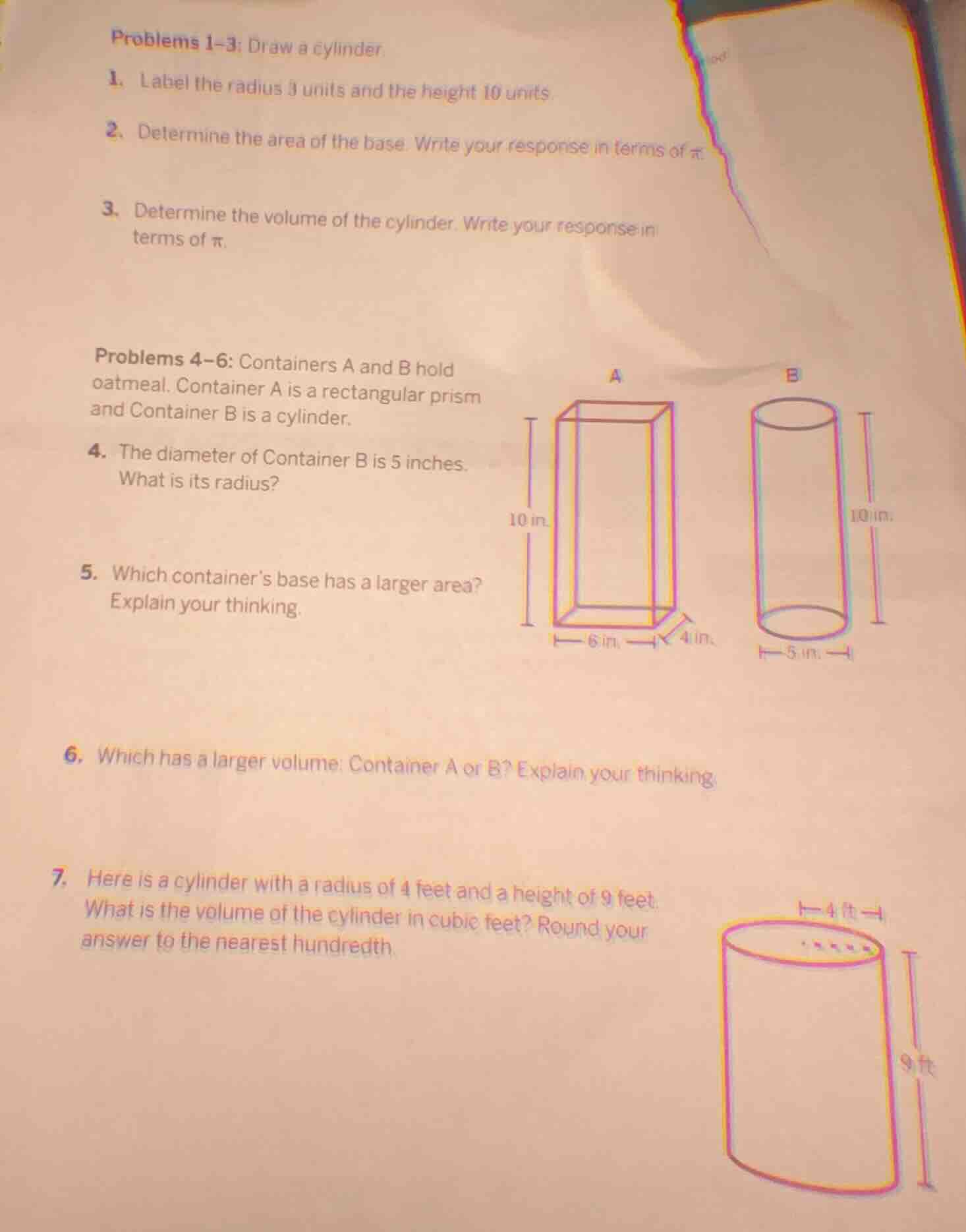 problems 1–3: draw a cylinder. 1. label the radius 3 units and the heig…