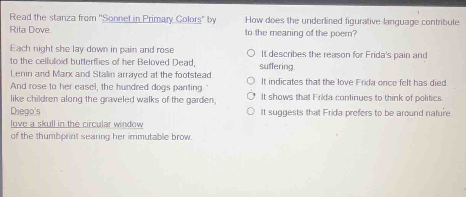 read the stanza from \sonnet in primary colors\ by rita dove. each nigh…