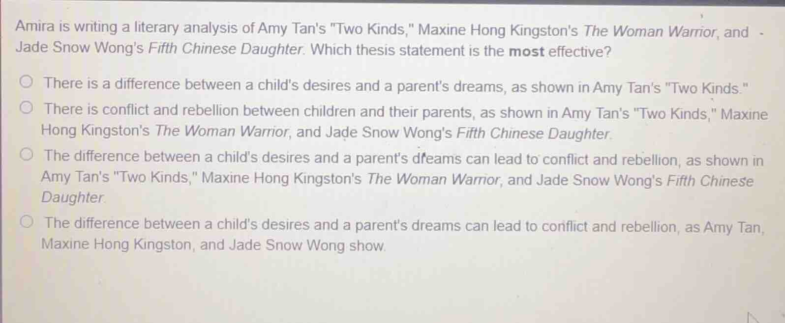 amira is writing a literary analysis of amy tans \two kinds,\ maxine ho…
