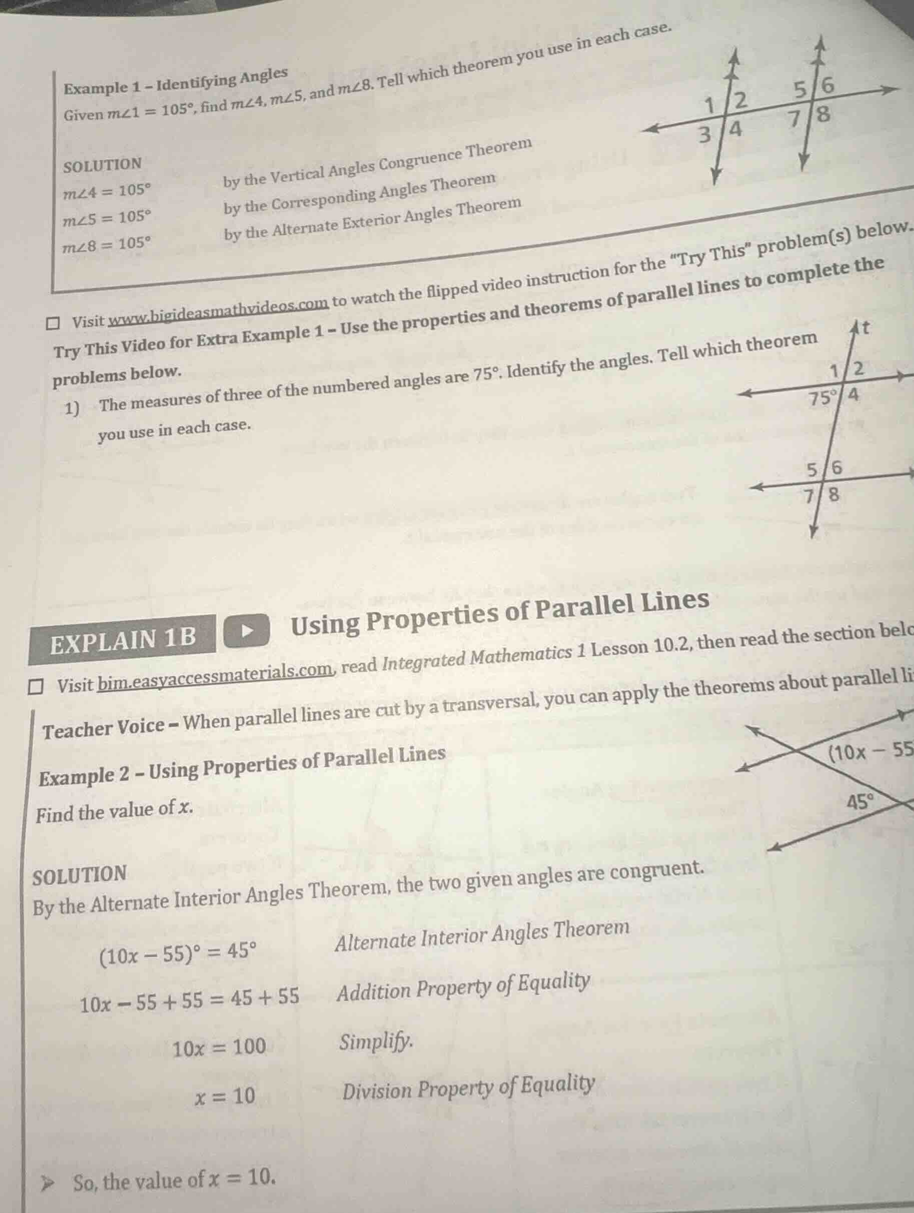 example 1 - identifying angles given ( mangle 1 = 105^circ ), find ( ma…