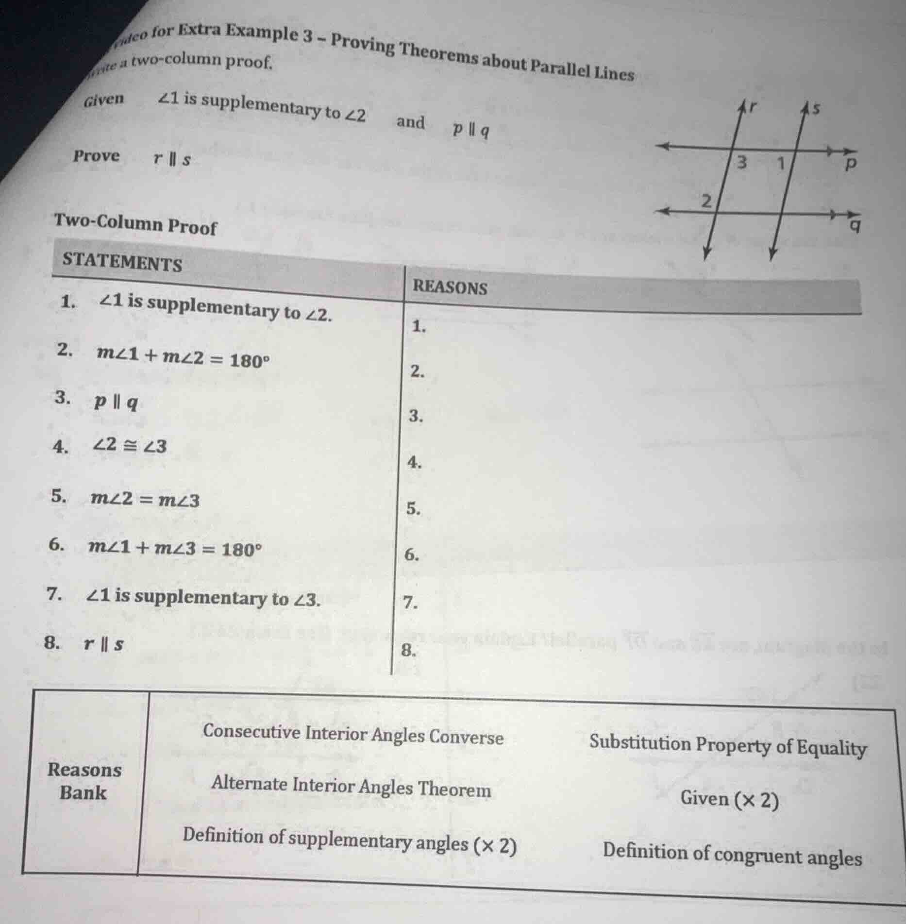 ideo for extra example 3 – proving theorems about parallel lines rite a…