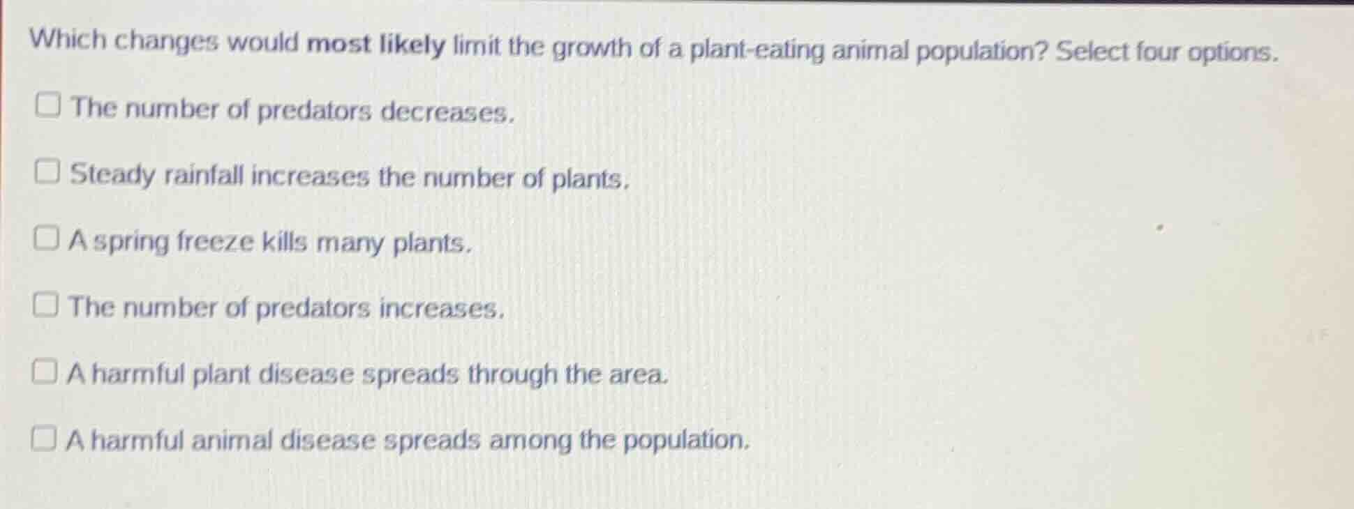 which changes would most likely limit the growth of a plant - eating an…