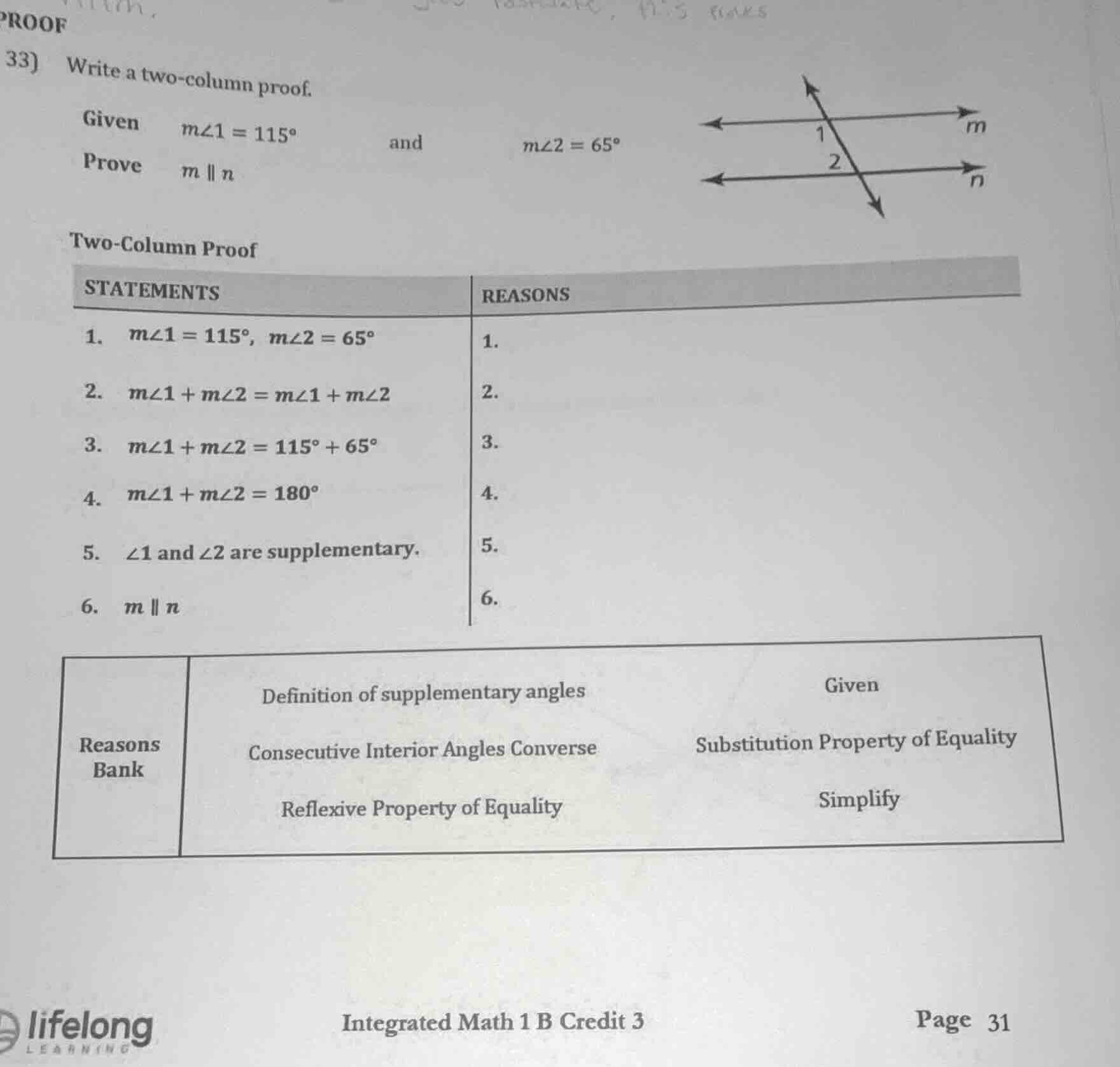 proof 33) write a two - column proof. given ( mangle1 = 115^{circ} ) an…