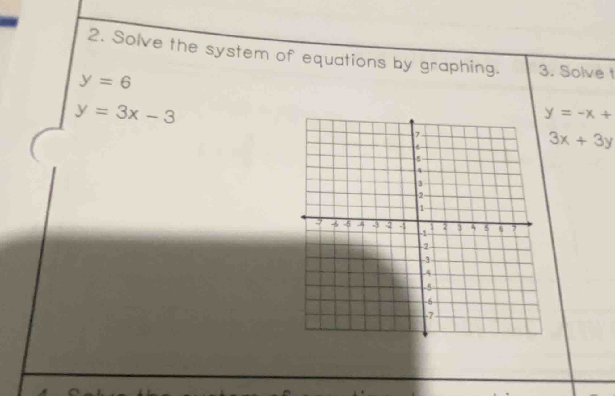 2. solve the system of equations by graphing. y = 6 y = 3x - 3 3. solve…