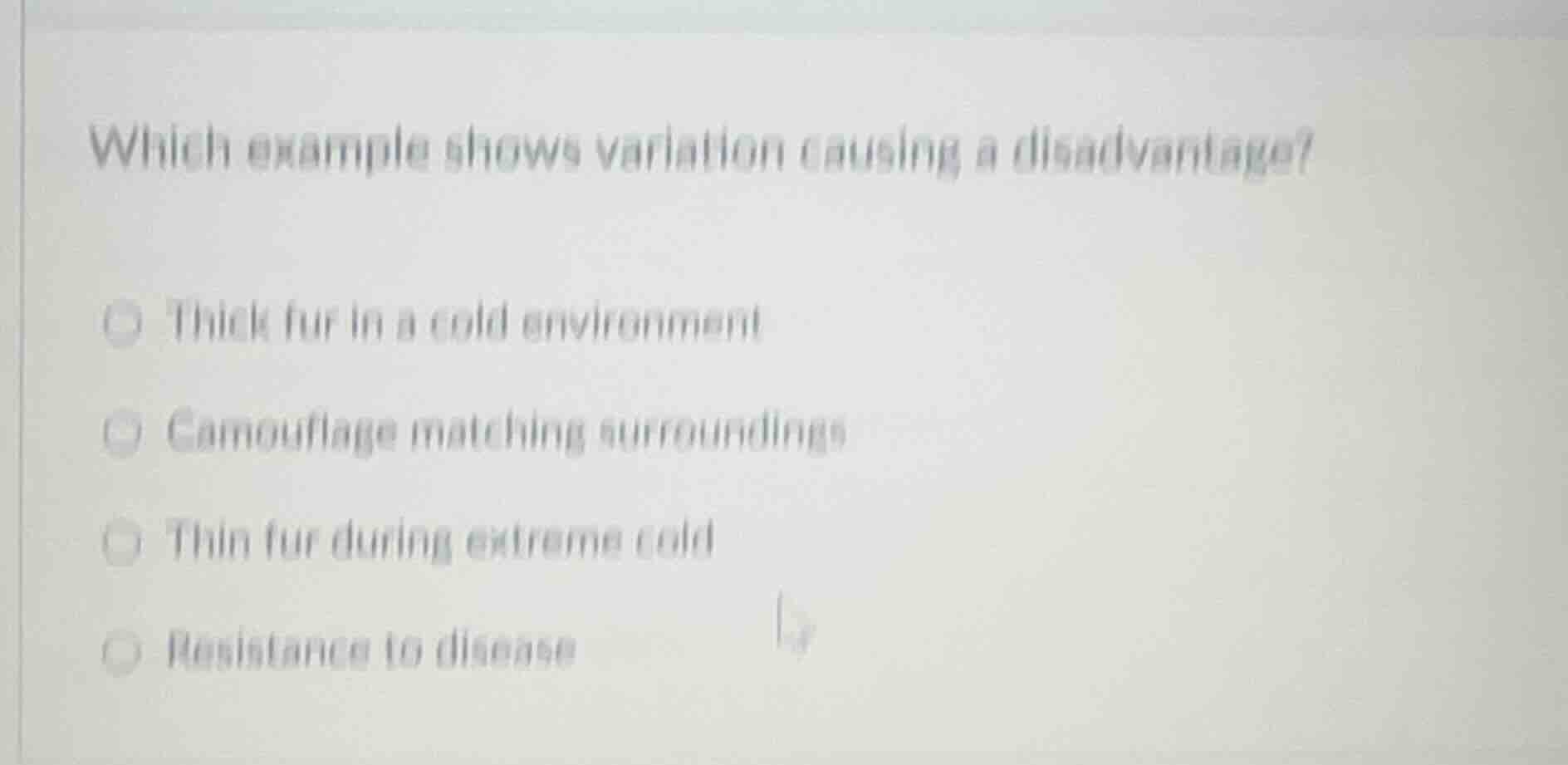 which example shows variation causing a disadvantage? thick fur in a co…