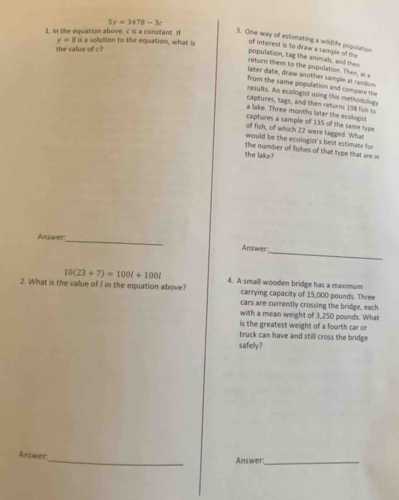 1. $5y = 3478 - 3c$ in the equation above, $c$ is a constant. if $y = 8…
