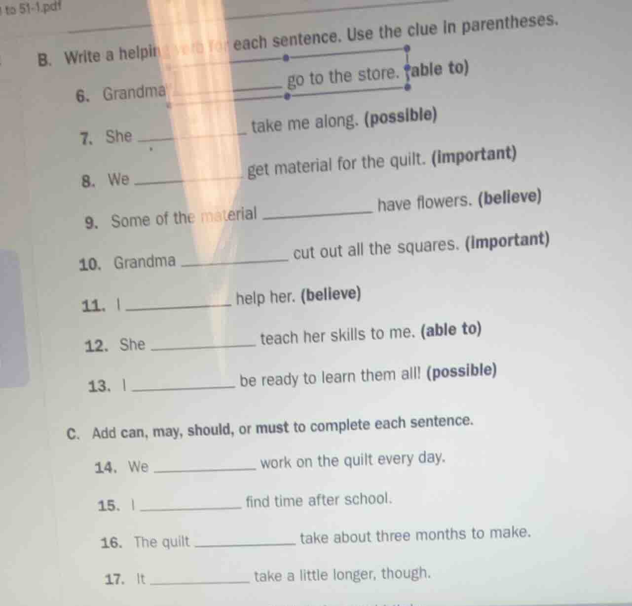 b. write a helping verb for each sentence. use the clue in parentheses.…