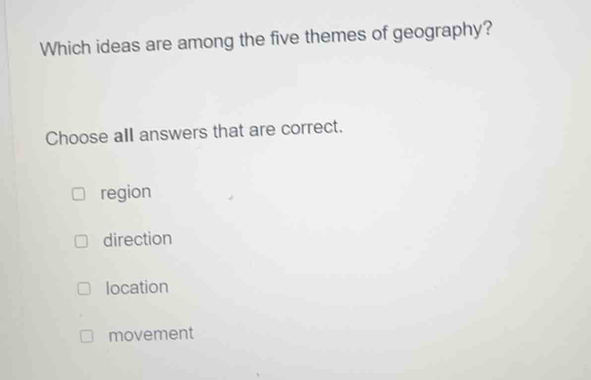 which ideas are among the five themes of geography? choose all answers …