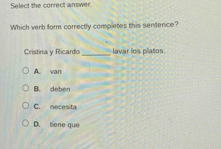 select the correct answer. which verb form correctly completes this sen…