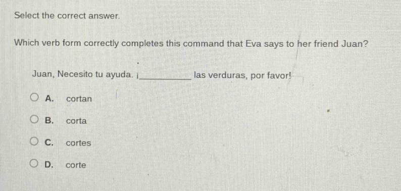 select the correct answer. which verb form correctly completes this com…