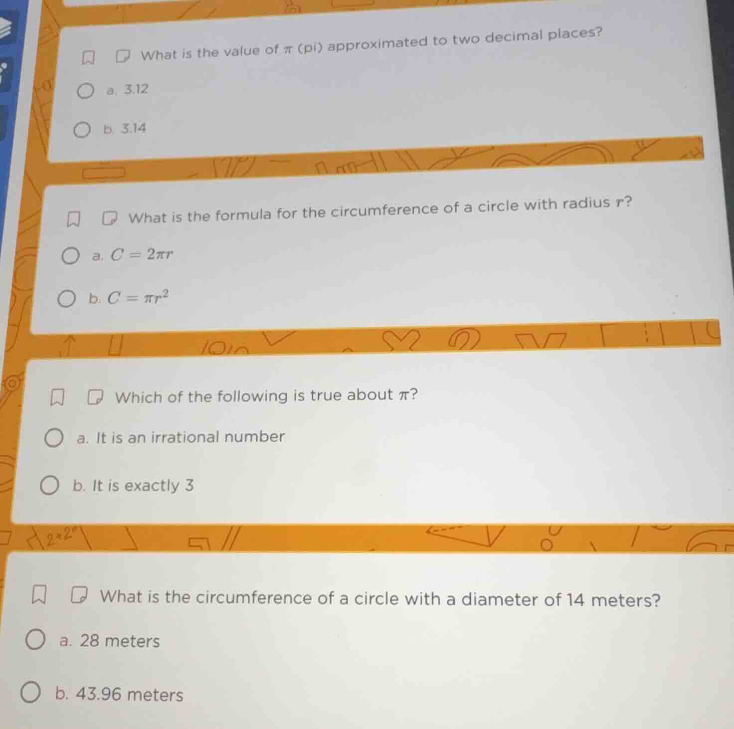 what is the value of π (pi) approximated to two decimal places? a. 3.12…