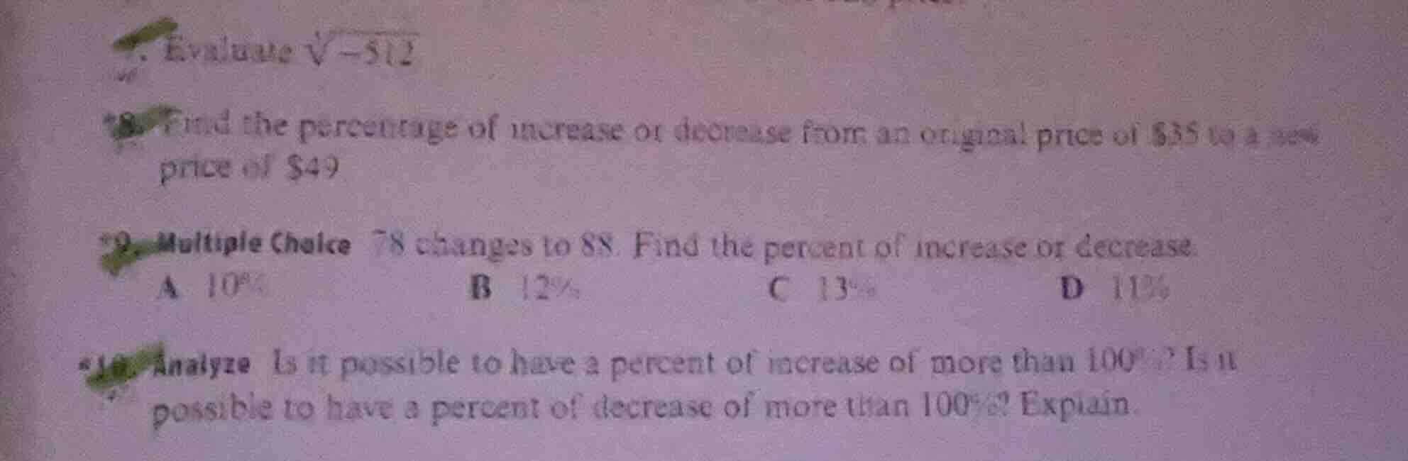 7. evaluate \\(sqrt3{-512}\\) *8. find the percentage of increase or de…