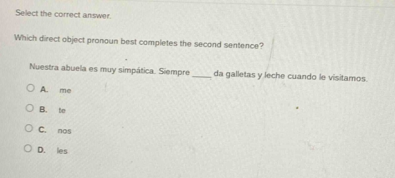 select the correct answer. which direct object pronoun best completes t…