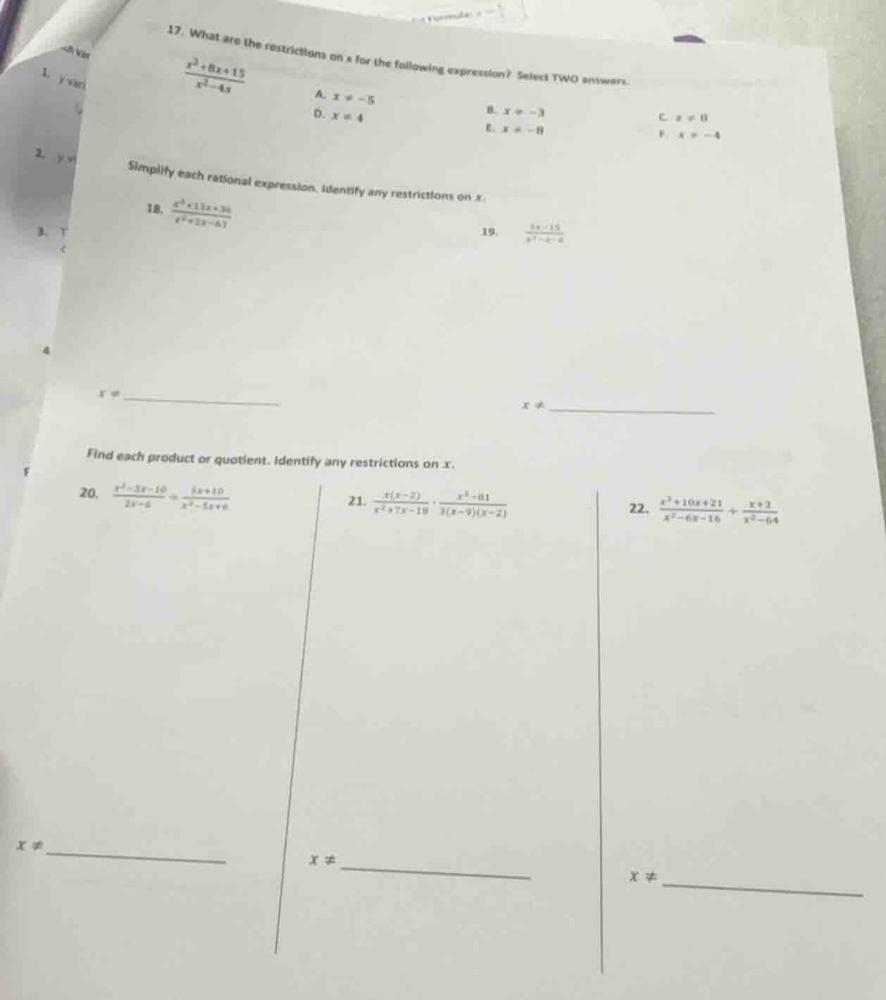17. what are the restrictions on x for the following expression? select…