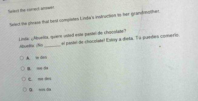 select the correct answer. select the phrase that best completes linda’…