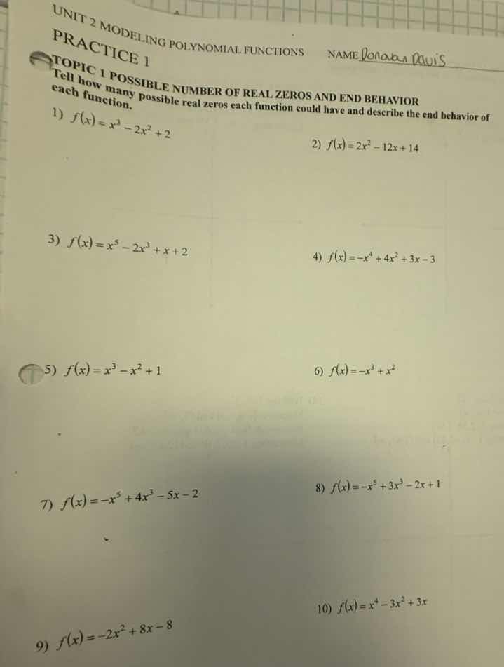 unit 2 modeling polynomial functions name practice 1 topic 1 possible n…