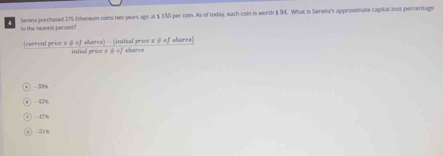 serena purchased 275 ethereum coins two years ago at $ 155 per coin. as…