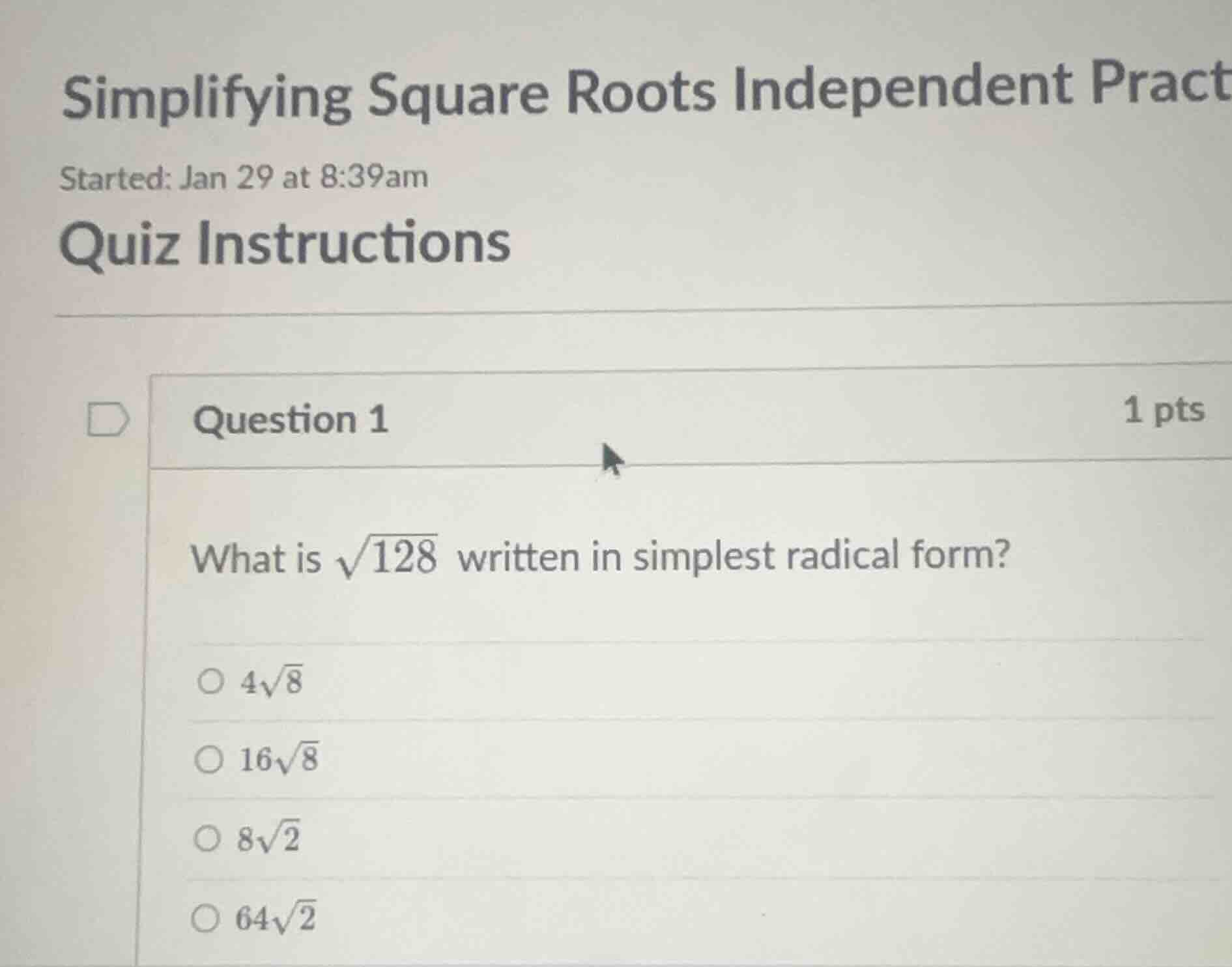 simplifying square roots independent pract started: jan 29 at 8:39am qu…