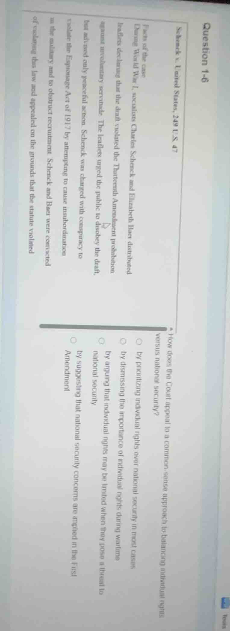 question 1-6 schenck v. united states, 249 u.s. 47 facts of the case du…