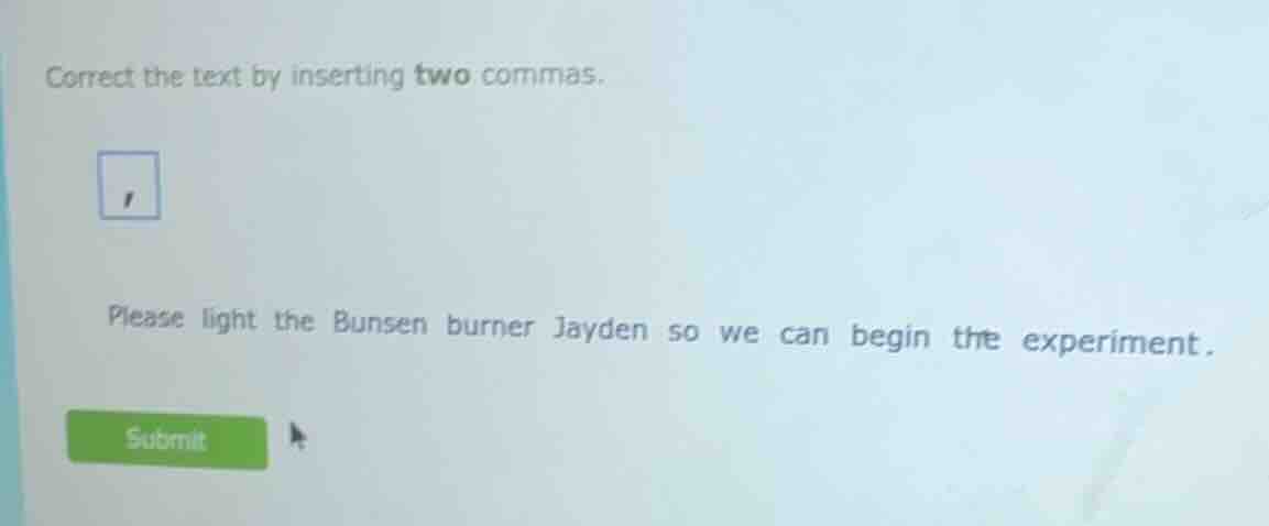 correct the text by inserting two commas. , please light the bunsen bur…