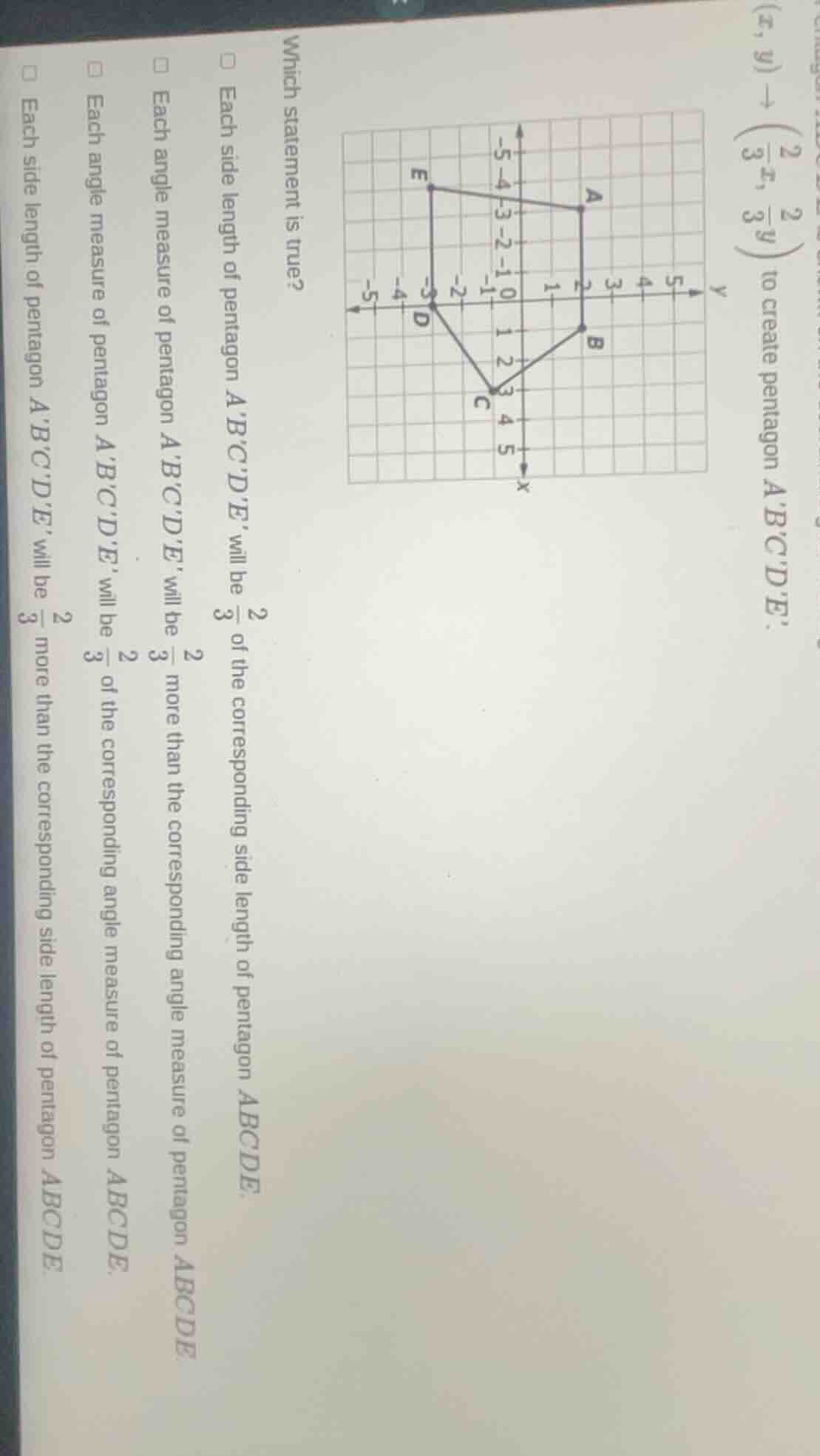 to create pentagon abcde.(x,y)→(\\frac{2}{3}x,\\frac{2}{3}y)which state…