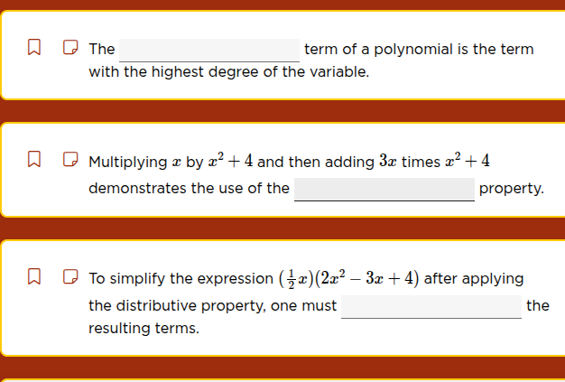 the _______________ term of a polynomial is the term with the highest d…