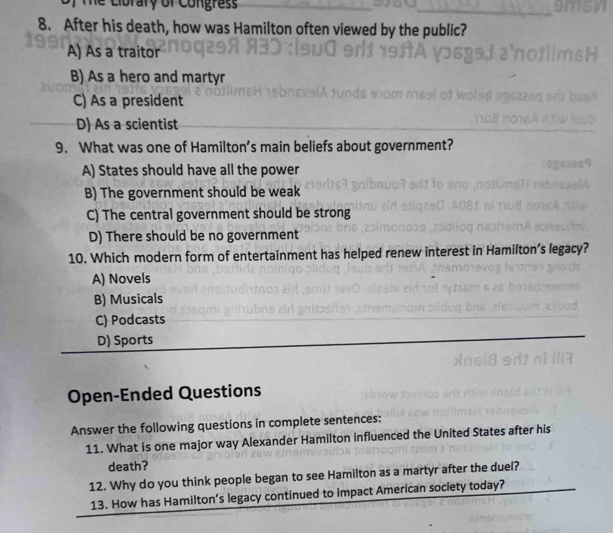 8. after his death, how was hamilton often viewed by the public? a) as …
