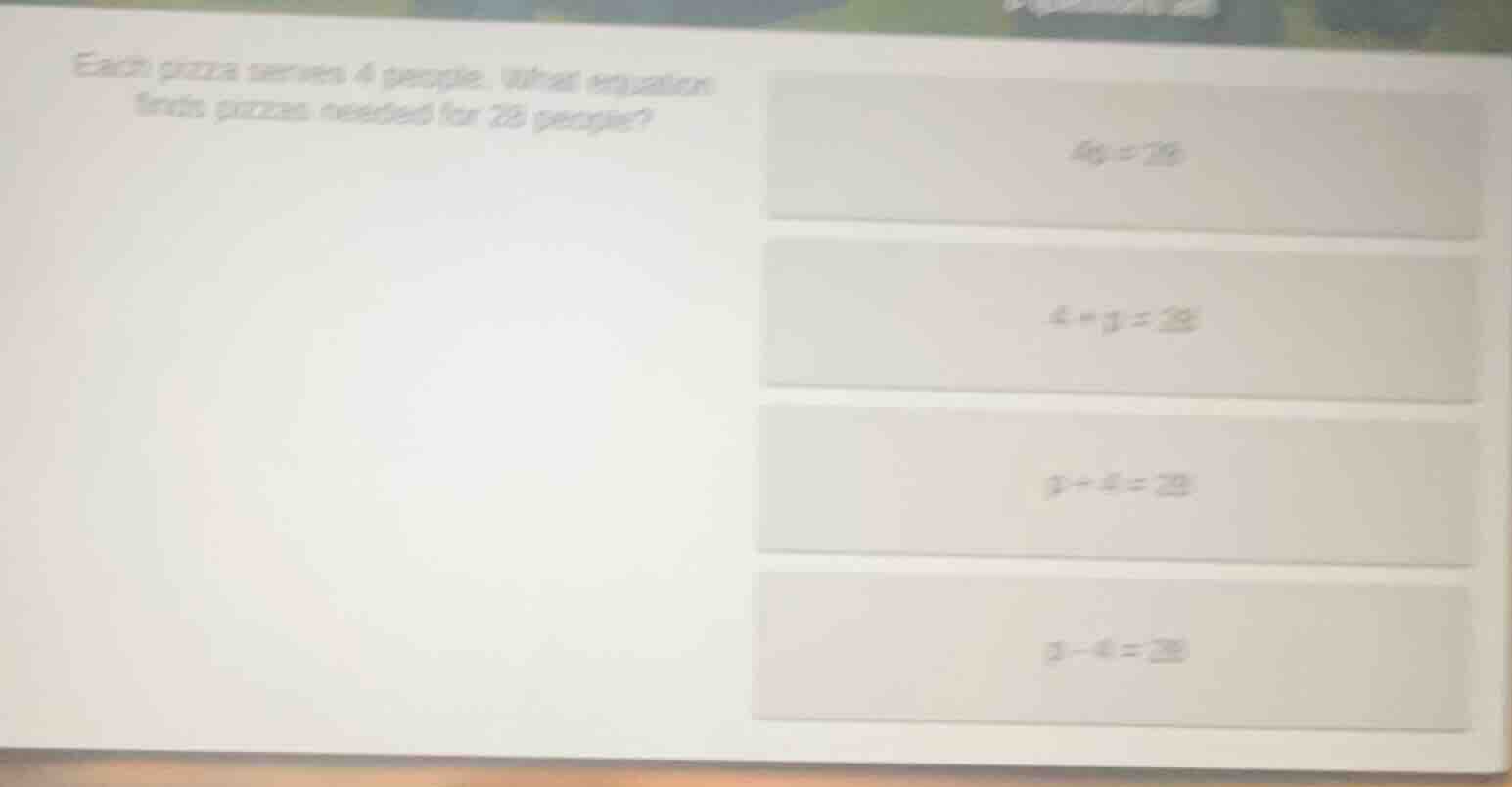 each pizza serves 4 people. what equation finds pizzas needed for 28 pe…