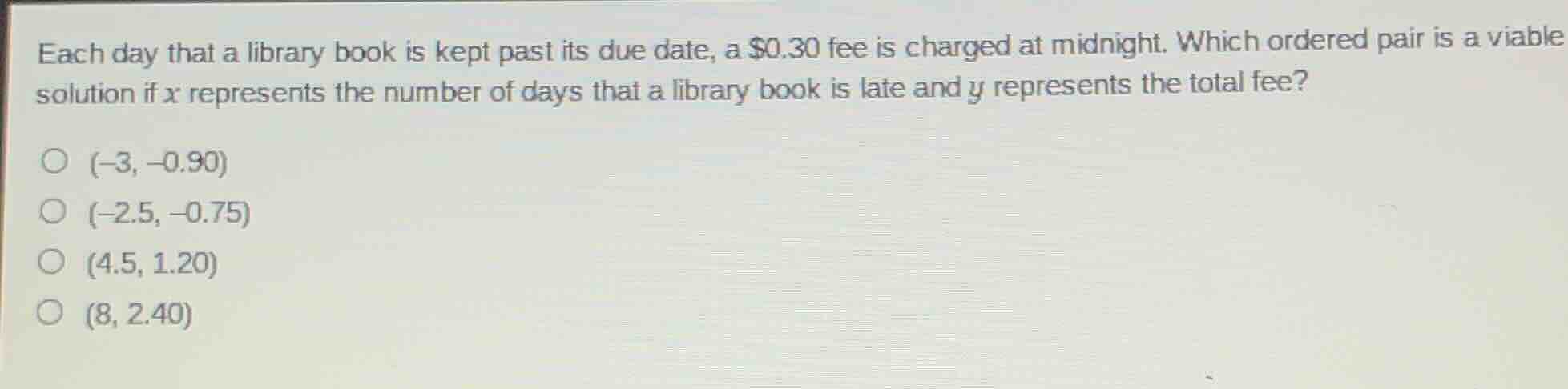 each day that a library book is kept past its due date, a $0.30 fee is …