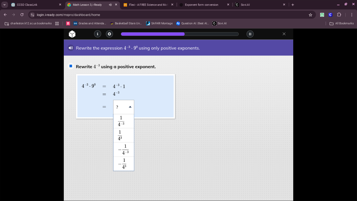 rewrite the expression $4^{-3} \\cdot 9^0$ using only positive exponent…