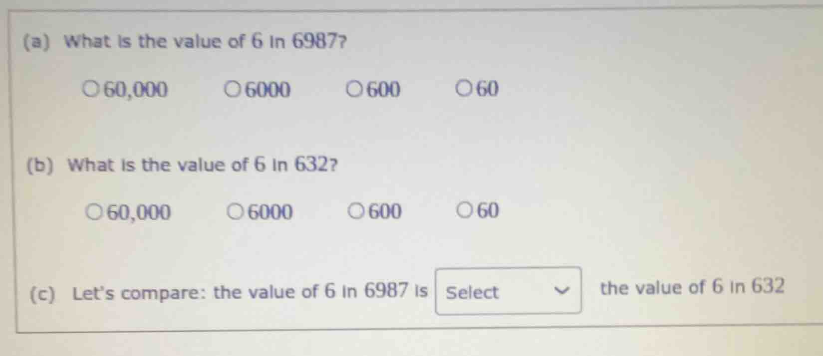 (a) what is the value of 6 in 6987? 60,000 6000 600 60 (b) what is the …