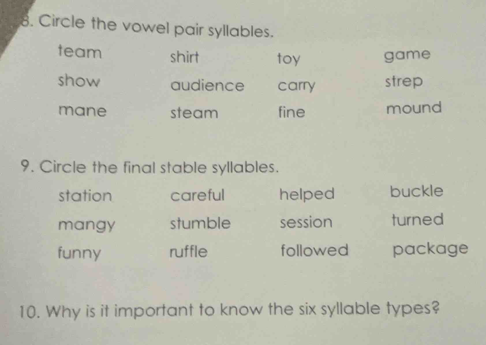 8. circle the vowel pair syllables. team shirt toy game show audience c…