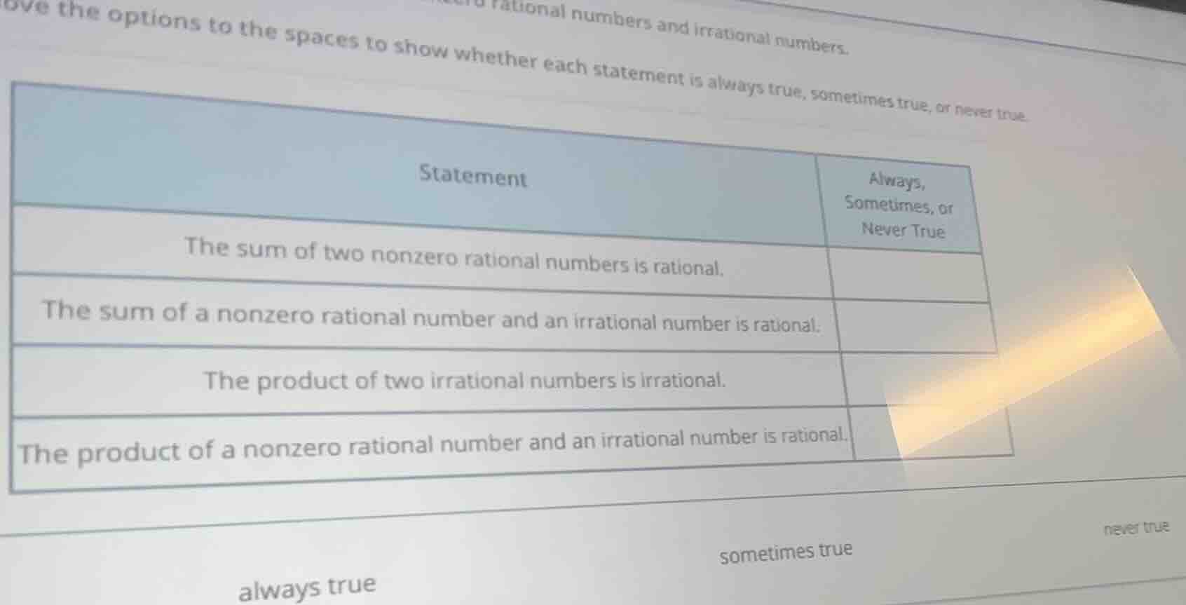 rational numbers and irrational numbers. ove the options to the spaces …