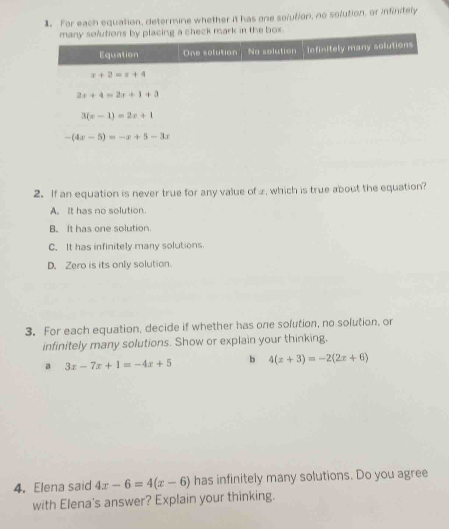 1. for each equation, determine whether it has one solution, no solutio…